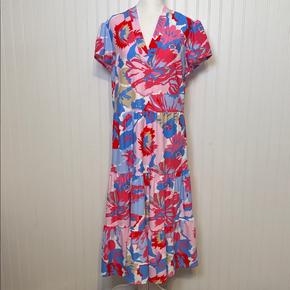 Jude Connally Pink Blue Red Floral Midi Dress